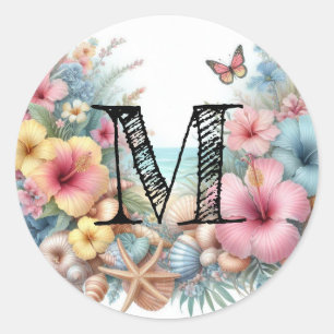 Monogram name on watercolor Flowers sea seashells  Classic Round Sticker