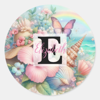 Monogram name on watercolor Flowers sea seashells Classic Round Sticker