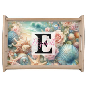 Monogram name on watercolor Flowers sea seashells Serving Tray