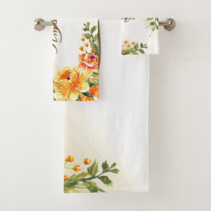 Monogram Name Orange Yellow Floral Greenery Modern Bath Towel Set