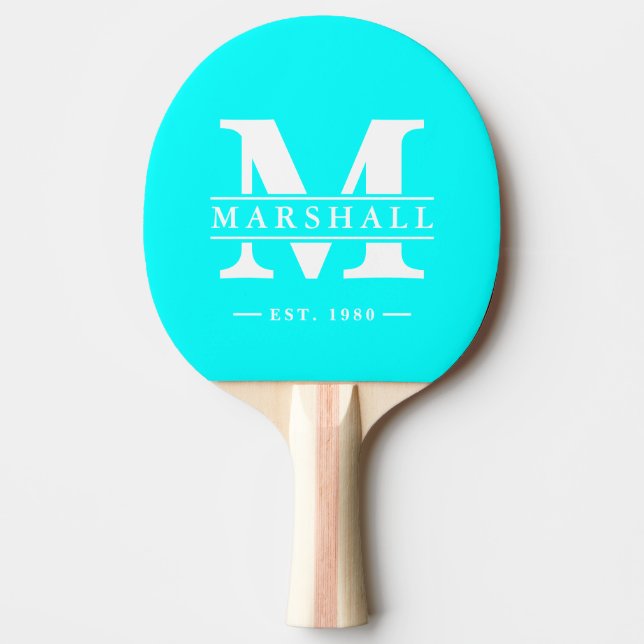Monogram & Name Overlay Electric Retro Cyan  Ping Pong Paddle (Front)