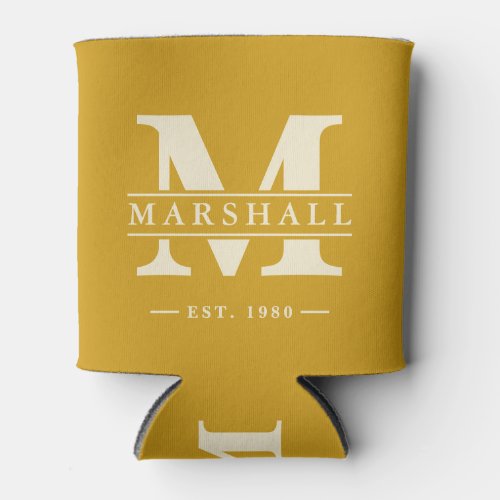 Monogram &amp; Name Overlay Golden Ochre Can Cooler