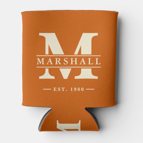 Monogram & Name Overlay Mid-Century Pumpkin Can Cooler