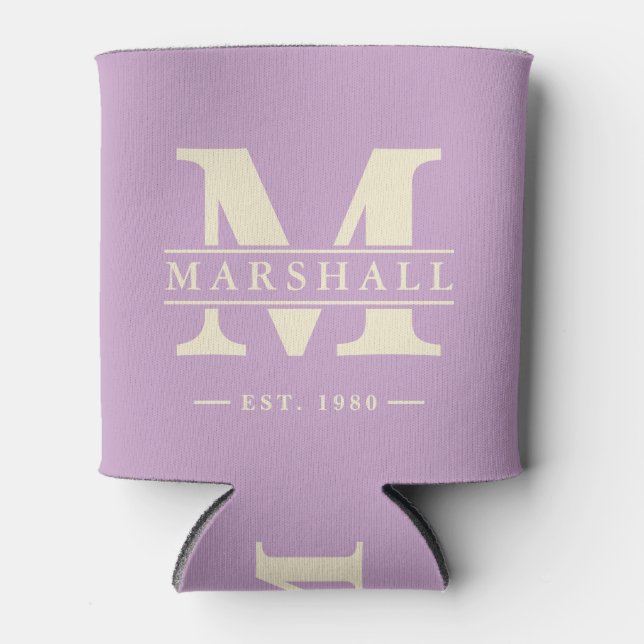 Monogram & Name Overlay Mid-Century Summer Lilac Can Cooler (Front)