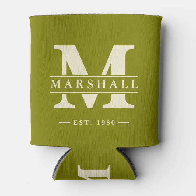 Monogram & Name Overlay Mid-Century Warm Olive Can Cooler (Front)