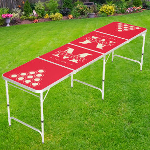 Monogram & Name Overlay on Red Cream Beer Pong Table