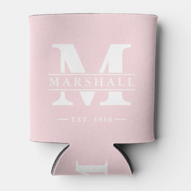 Monogram & Name Overlay Pink Whisper Can Cooler (Front)