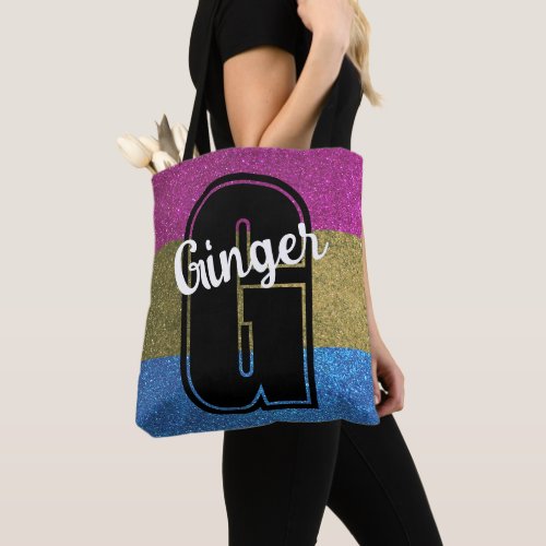 Monogram Name Pansexual Gay Pride Flag Glitter    Tote Bag