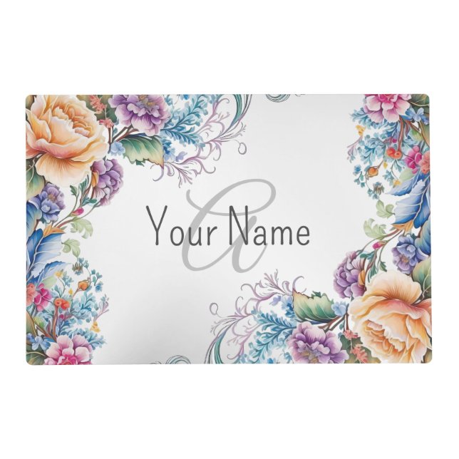 Monogram Name Party Colorful Floral Elegant Modern Placemat (Front)