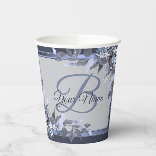 Monogram Name Party Navy Blue Floral Silver Paper Cups