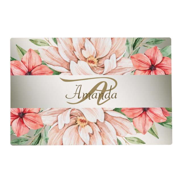 Monogram Name Party Peach Orange Floral Leaves Placemat (Front)