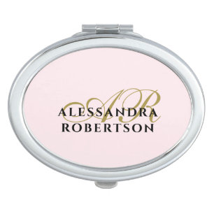 Monogram Name Pastel Pink Minimalist Gold Black  Compact Mirror
