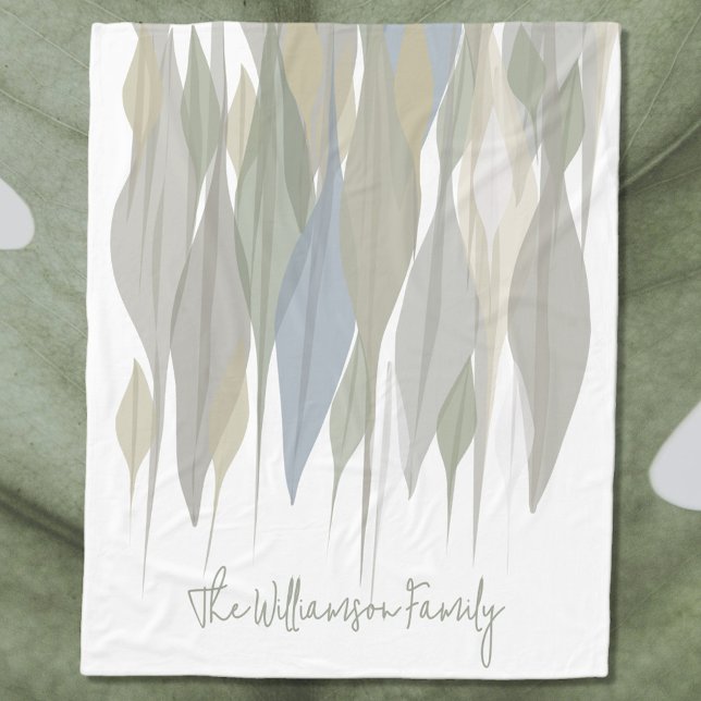Monogram name pastel sage green gray beige leaves  fleece blanket (Creator Uploaded)
