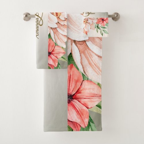 Monogram Name Peach Orange Floral Leaves Rustic Bath Towel Set