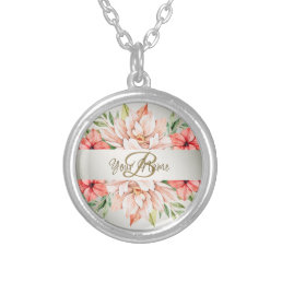 Monogram Name Peach Orange Flowers Leaves Rustic Silver Plated Necklace