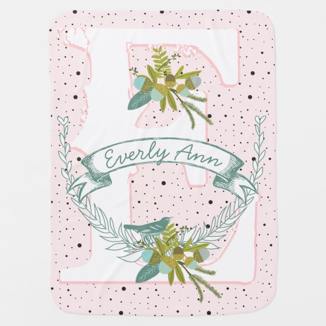 Monogram Name Peachy Pink Garland Dalmatian Dots Swaddle Blanket (Front)
