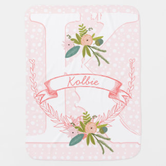 Monogram Name Peachy Pink Garland Lil' Lady Floral Baby Blanket