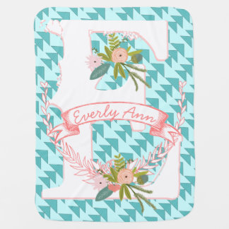 Monogram Name Peachy Pink Garland Stripes and Dots Receiving Blanket