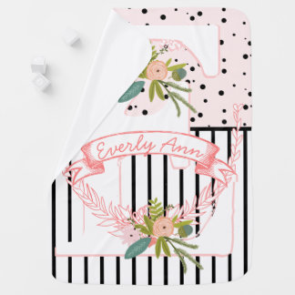 Monogram Name Peachy Pink Garland Stripes and Dots Receiving Blanket