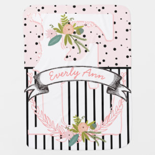 Monogram Name Peachy Pink Garland Stripes and Dots Stroller Blanket