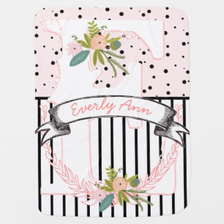 Monogram Name Peachy Pink Garland Stripes and Dots Stroller Blanket