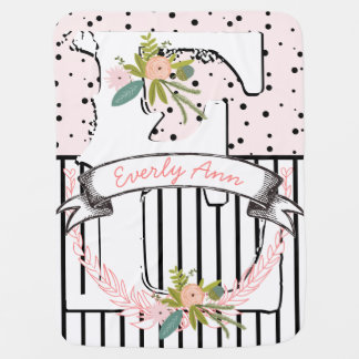 Monogram Name Peachy Pink Garland Stripes and Dots Stroller Blanket