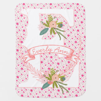 Monogram Name Peachy Pink Garland Stripes and Dots Swaddle Blanket