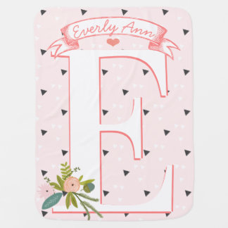 Monogram Name Peachy Pink Triangles Floral Baby Blanket