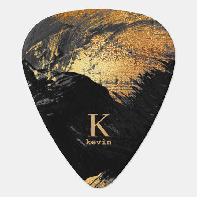 Monogram name personalized black gold elegant guitar pick (Front)
