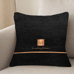 Monogram name personalized black gold elegant throw pillow<br><div class="desc">Luxury exclusive looking office or personal monogrammed throw pillow featuring a faux copper brushed metallic gold square with your monogram name initials and a metal look stripe over a stylish black faux leather texture (PRINTED) background. Suitable for small business office, corporate or independent business professionals, personal branding or stylists specialists,...</div>