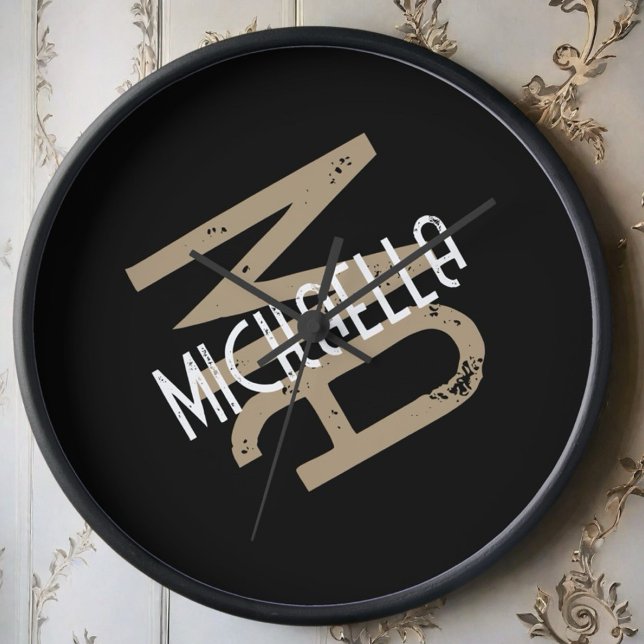 Monogram name personalized black white beige tan clock (Creator Uploaded)
