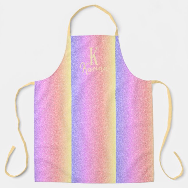 Monogram name personalized girly glitter rainbow apron (Front)