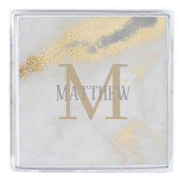 Monogram Name Personalized Gold Gray Marble Silver Finish Lapel Pin