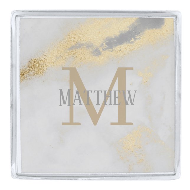 Monogram Name Personalized Gold Gray Marble Silver Finish Lapel Pin (Front)