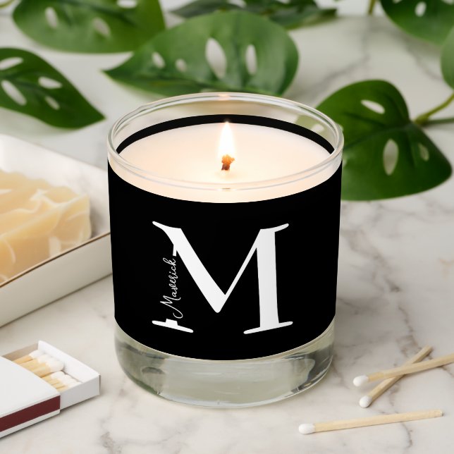 Monogram name personalized simple white black scented candle (Lit)