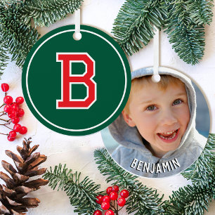 Monogram Name Photo Green Red Retro Christmas Metal Ornament