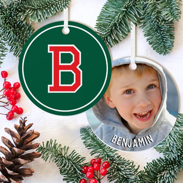 Monogram Name Photo Green Red Retro Christmas Metal Ornament (Creator Uploaded)