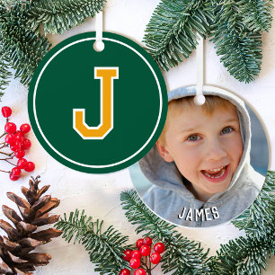 Monogram Name Photo Green Yellow Retro Christmas Metal Ornament