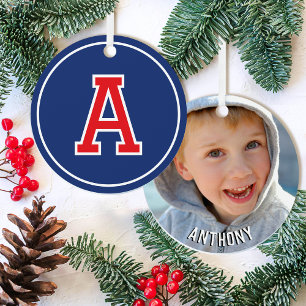 Monogram Name Photo Navy Red Retro Christmas Metal Ornament