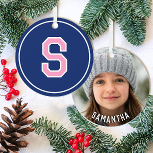 Monogram Name Photo Pink Navy Retro Christmas Metal Ornament