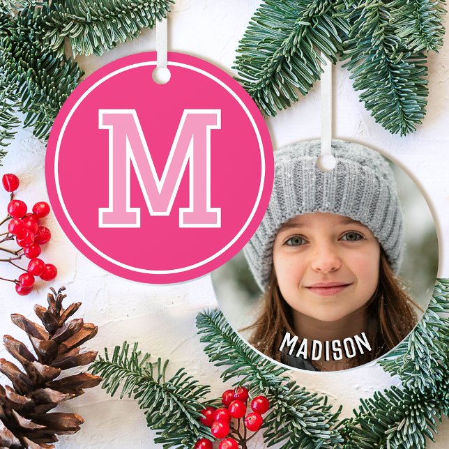 Monogram Name Photo Pink Retro Christmas Metal Ornament (Creator Uploaded)