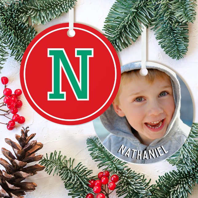 Monogram Name Photo Red Green Retro Christmas Metal Ornament (Creator Uploaded)