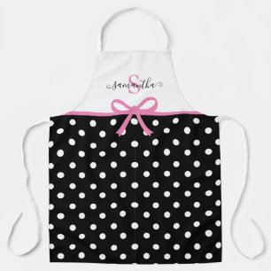 Monogram Name Pink Black Polka Dots Ribbon Kitchen Apron