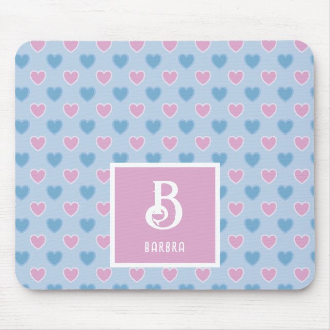 Monogram Name Pink & Blue Hearts Pattern Mouse Pad (Front)