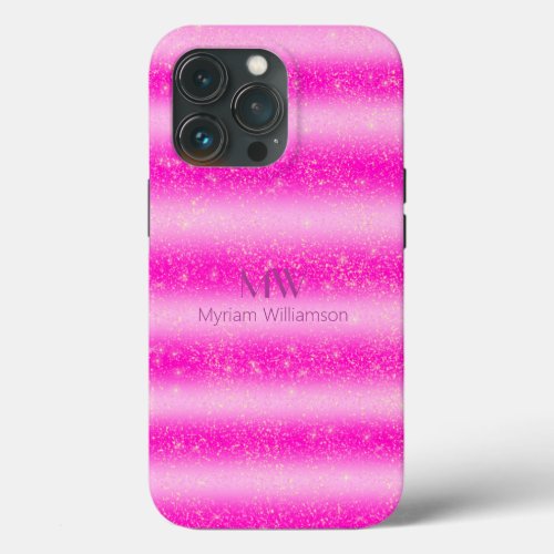 Monogram Name Pink Blush Glitter Stripes iPhone 13 Pro Case