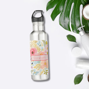 Monogram Name Pink Floral Botanical Watercolor Stainless Steel Water Bottle