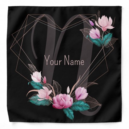 Monogram NamePink Floral Geometric Frame Black Bandana