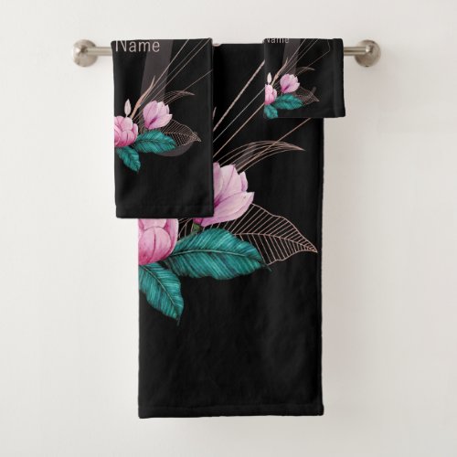 Monogram NamePink Floral Geometric Frame Black Bath Towel Set