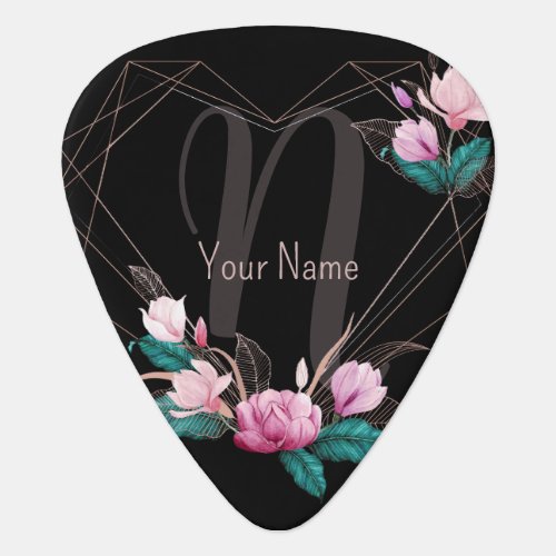 Monogram NamePink Floral Geometric Frame Black Guitar Pick