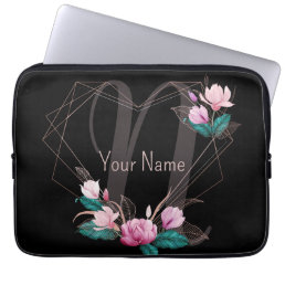 Monogram Name&#160;Pink Floral Geometric Frame Black Laptop Sleeve
